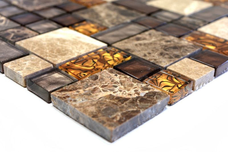 Piastrella di mosaico Traslucido beige marrone Mosaico di vetro combinato Pietra di cristallo beige marrone MOS88-1303_f