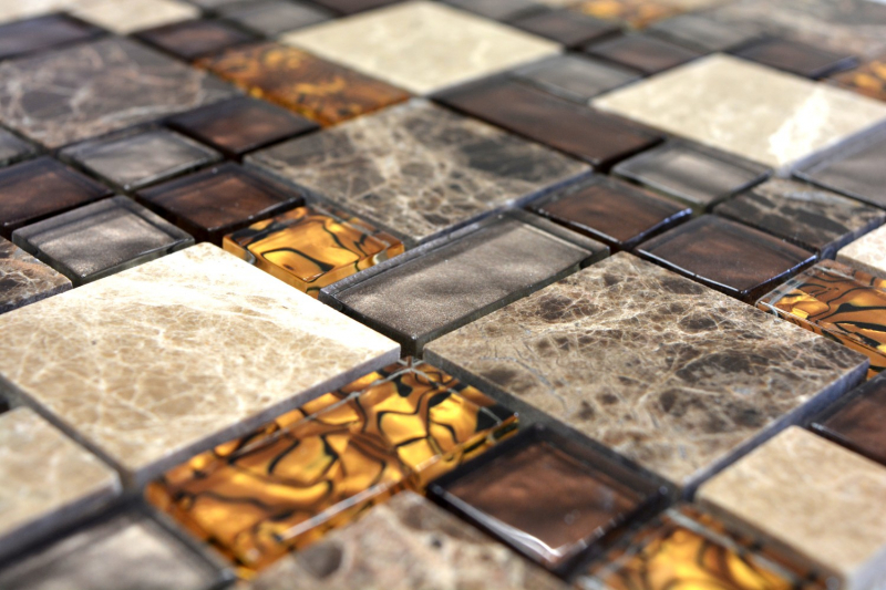 Piastrella di mosaico Traslucido beige marrone Mosaico di vetro combinato Pietra di cristallo beige marrone MOS88-1303_f
