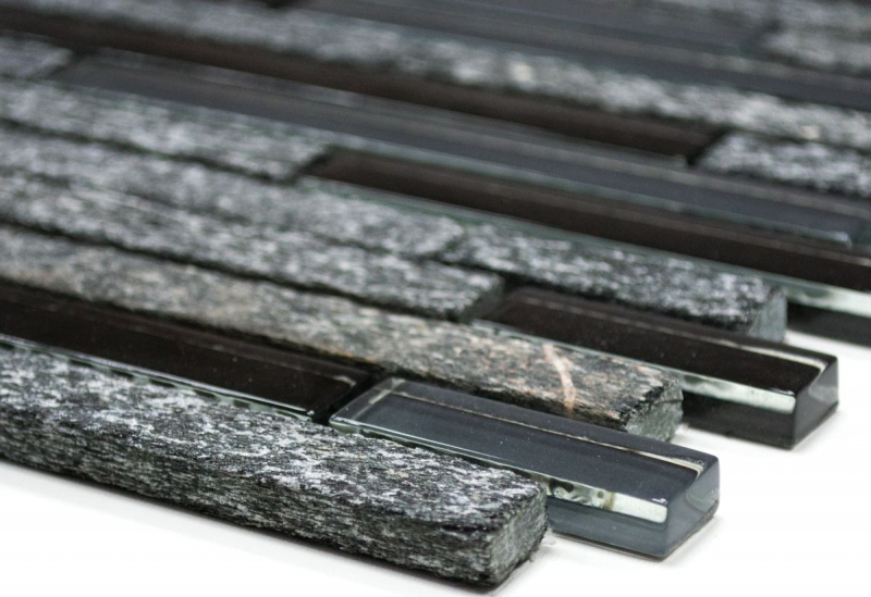 Piastrella di mosaico dipinta a mano Backsplash di piastrelle Grigio traslucido nero Mosaico di vetro composito Pietra di cristallo grigio nero MOS86-0208_m