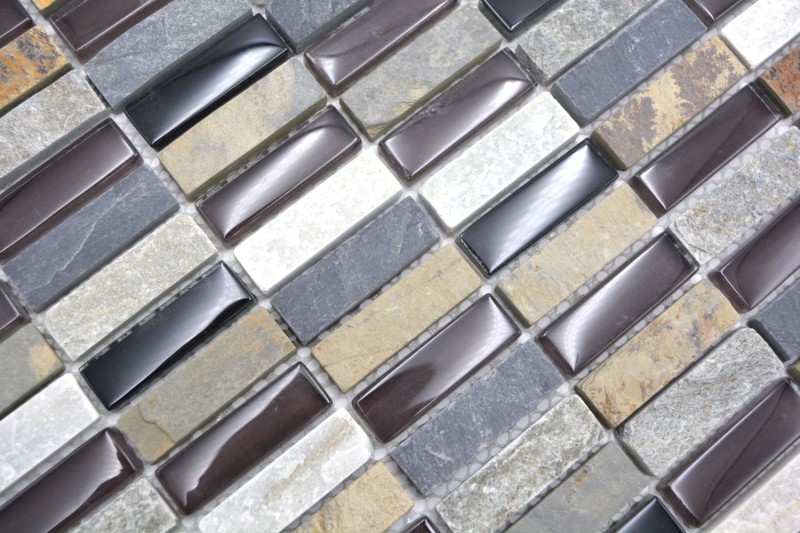 Piastrelle rettangolari di mosaico di vetro strisce beige marrone grigio nero pietra naturale backsplash parete bagno cucina - MOS87-1313