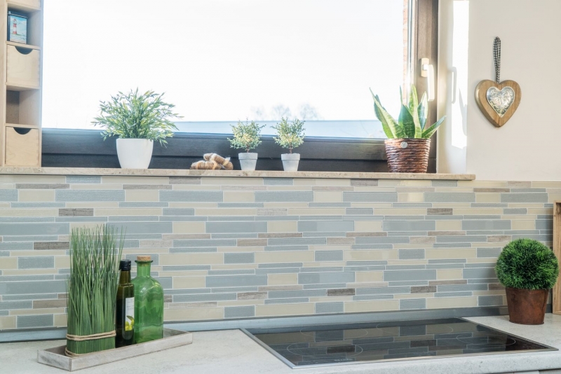 Mosaico di vetro pietra naturale tessere di mosaico composito aste beige grigio antracite marrone chiaro piastrelle backsplash parete cucina - MOS67-GV24
