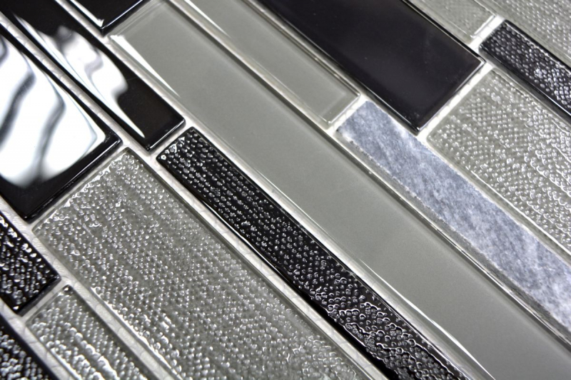 Piastrella di mosaico dipinta a mano Backsplash di piastrelle Grigio traslucido nero Mosaico di vetro composito Pietra di cristallo grigio nero MOS67-GV44_m