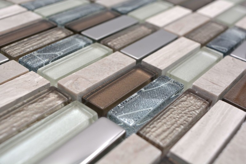 Piastrelle rettangolari di mosaico di vetro aste marrone chiaro grigio argento pietra naturale marmo piastrelle backsplash parete della cucina - MOS87-SM68