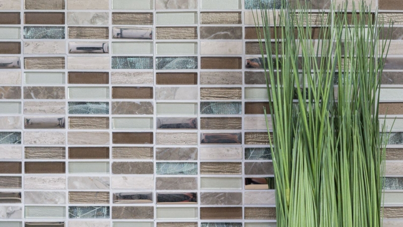Piastrelle rettangolari di mosaico di vetro aste marrone chiaro grigio argento pietra naturale marmo piastrelle backsplash parete della cucina - MOS87-SM68
