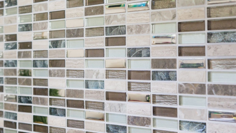 Piastrelle rettangolari di mosaico di vetro aste marrone chiaro grigio argento pietra naturale marmo piastrelle backsplash parete della cucina - MOS87-SM68