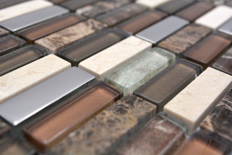 Piastrelle rettangolari di mosaico di vetro aste marrone argento beige pietra naturale marmo piastrelle backsplash parete bagno cucina - MOS87-SM78