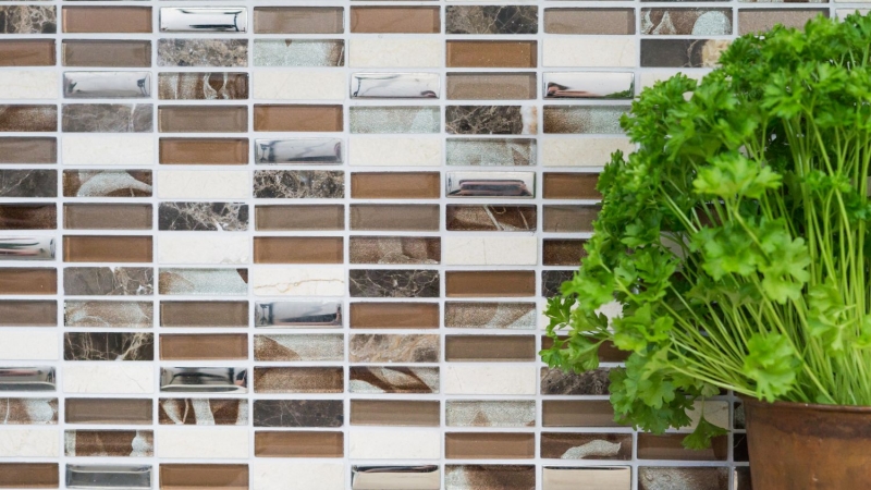 Piastrelle rettangolari di mosaico di vetro aste marrone argento beige pietra naturale marmo piastrelle backsplash parete bagno cucina - MOS87-SM78