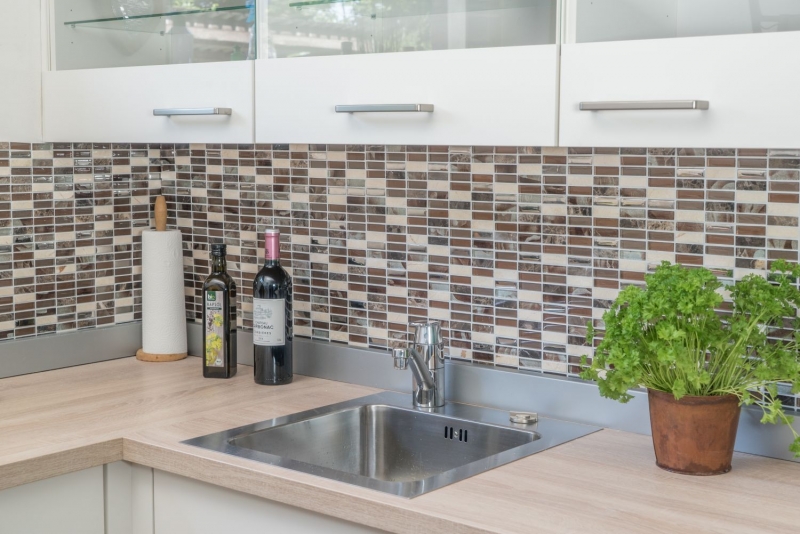 Piastrelle rettangolari di mosaico di vetro aste marrone argento beige pietra naturale marmo piastrelle backsplash parete bagno cucina - MOS87-SM78