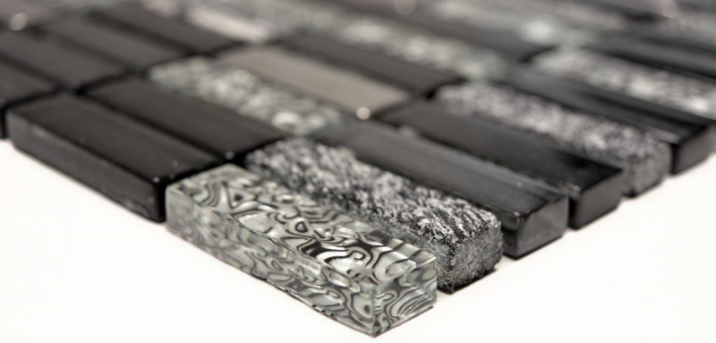 Tessere rettangolari in vetro mosaico aste argento grigio nero antracite pietra naturale alzatina cucina bagno WC - MOS87-SM88