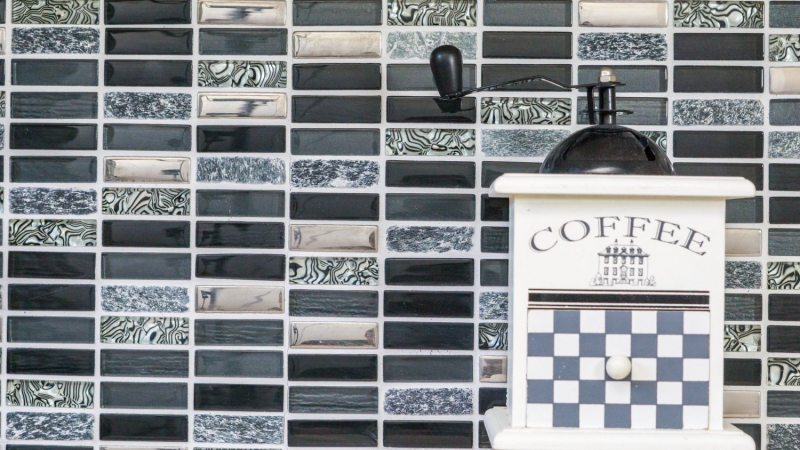 Tessere rettangolari in vetro mosaico aste argento grigio nero antracite pietra naturale alzatina cucina bagno WC - MOS87-SM88