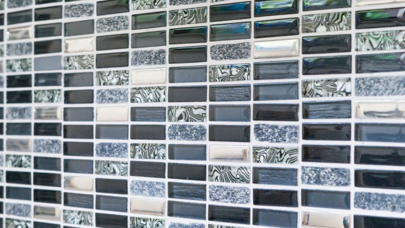 Tessere rettangolari in vetro mosaico aste argento grigio nero antracite pietra naturale alzatina cucina bagno WC - MOS87-SM88