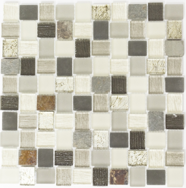 Piastrella di mosaico decorata a mano Rivestimento traslucido bianco grigio ruggine Rettangolo Mosaico di vetro Pietra di cristallo rustica MOS82-0102_m