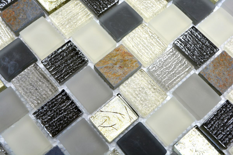 Piastrella di mosaico decorata a mano Rivestimento traslucido bianco grigio ruggine Rettangolo Mosaico di vetro Pietra di cristallo rustica MOS82-0102_m