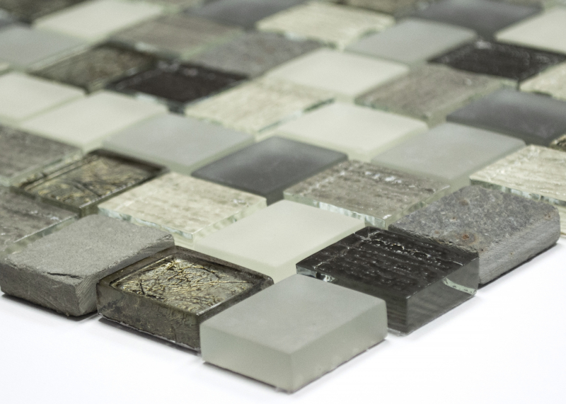 Piastrella di mosaico decorata a mano Rivestimento traslucido bianco grigio ruggine Rettangolo Mosaico di vetro Pietra di cristallo rustica MOS82-0102_m