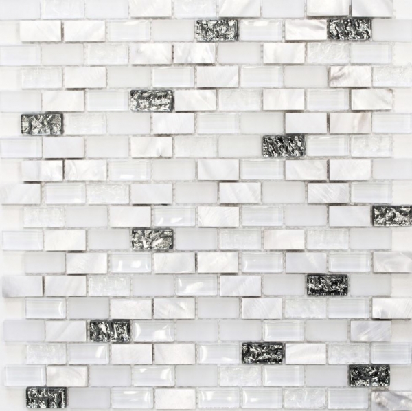 Piastrella di mosaico decorata a mano Backsplash di piastrelle Bianco traslucido Brick Mosaico di vetro Pietra di cristallo Shell white MOS87-B01S_m
