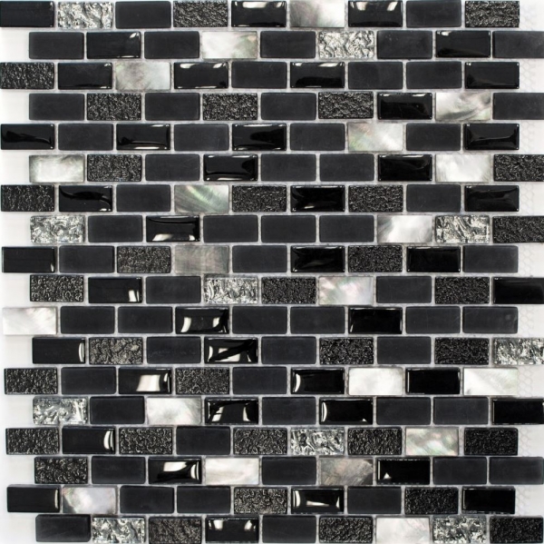 Piastrella di mosaico decorata a mano Backsplash di piastrelle Nero traslucido Brick Mosaico di vetro Pietra di cristallo Conchiglia nera MOS87-B03S_m