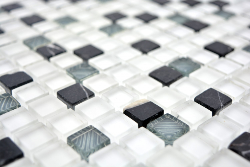 Piastrella di mosaico dipinta a mano Bianco traslucido grigio Mosaico di vetro Pietra di cristallo super bianco nero opaco MOS92-0103_m