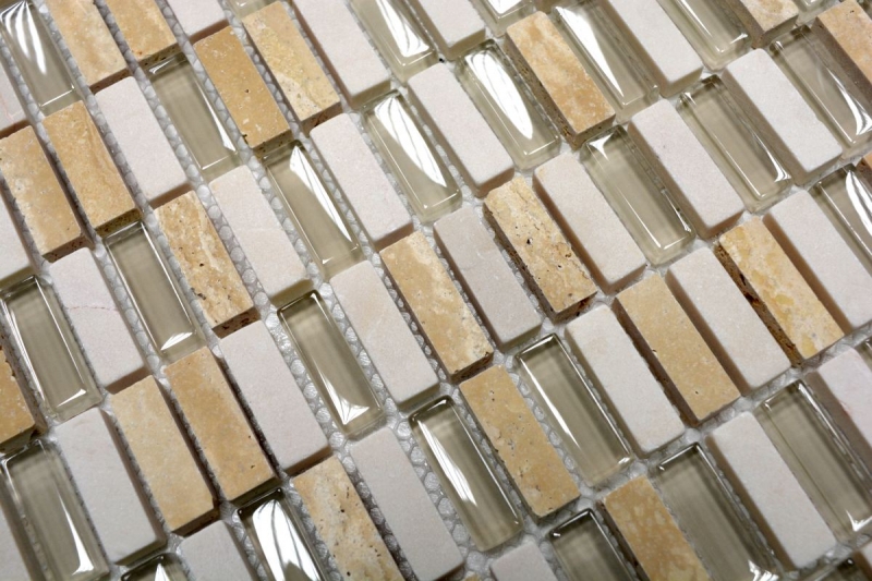 Piastrelle rettangolari di mosaico di vetro aste mini beige crema beige dorato pietra naturale cucina alzatina bagno WC parete - MOS87-1412