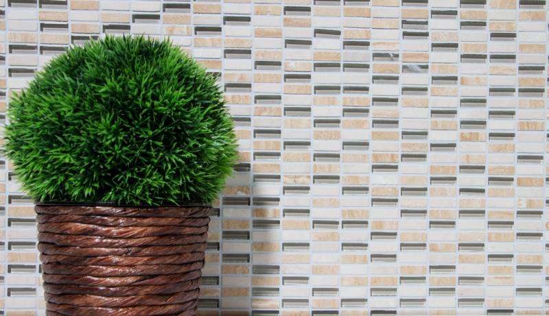 Piastrelle rettangolari di mosaico di vetro aste mini beige crema beige dorato pietra naturale cucina alzatina bagno WC parete - MOS87-1412