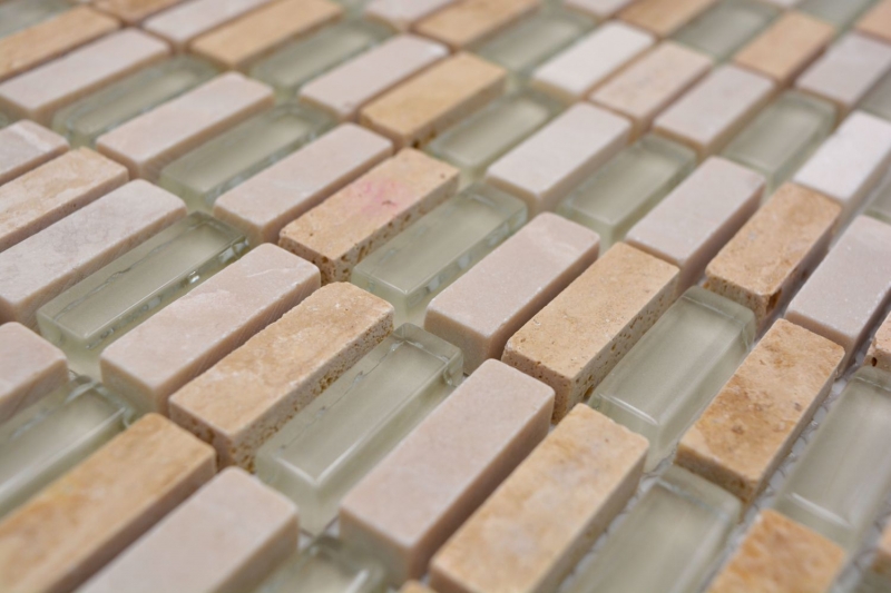 Piastrelle rettangolari di mosaico di vetro aste mini beige crema beige dorato pietra naturale cucina alzatina bagno WC parete - MOS87-1412