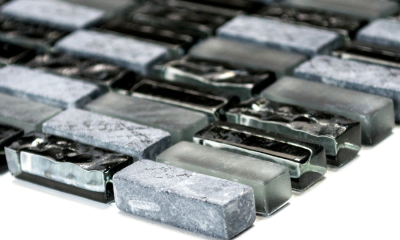 Piastrella di mosaico dipinta a mano Backsplash di piastrelle Tondini grigio traslucido Mosaico di vetro Pietra di cristallo grigio nero opaco MOS87-1403_m