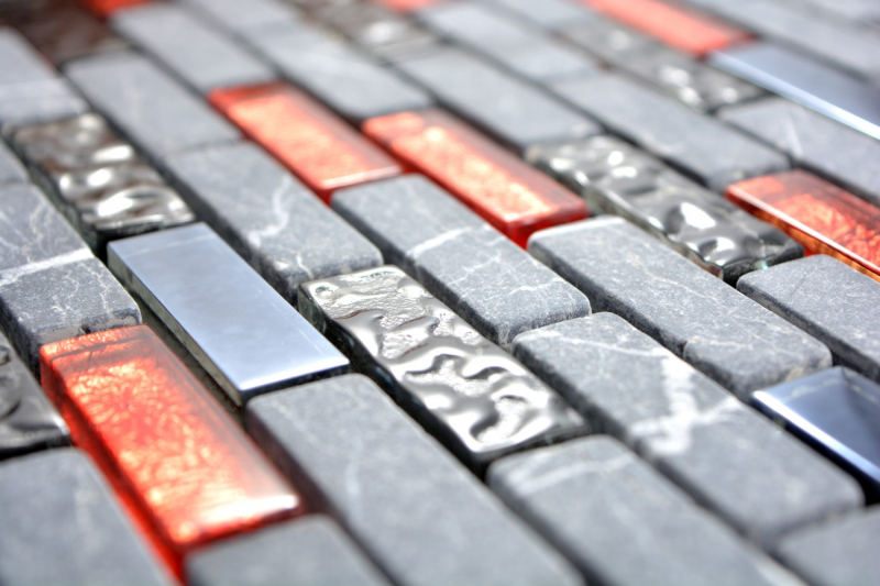 Piastrella di mosaico dipinta a mano grigio traslucido nero mosaico di vetro composito Pietra di cristallo grigio nero rosso MOS87-0429_m