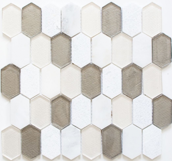 Piastrella di mosaico dipinta a mano Beige traslucido Mosaico di vetro esagonale Pietra di cristallo bianco beige grigio MOS85-IN69_m