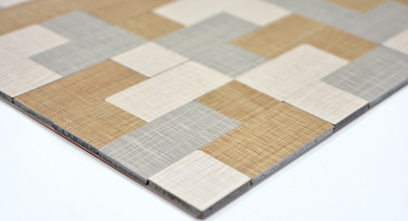 Piastrella di mosaico dipinta a mano Backsplash di piastrelle autoadesive alluminio crema beige grigio combinazione metallo aspetto tessile MOS200-2522_m