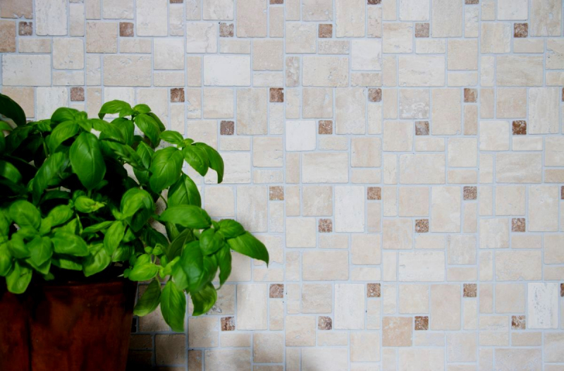 Campione a mano di mosaico Piastrella backsplash autoadesiva travertino pietra naturale beige combinazione travertino beige MOS200-4CM14_m