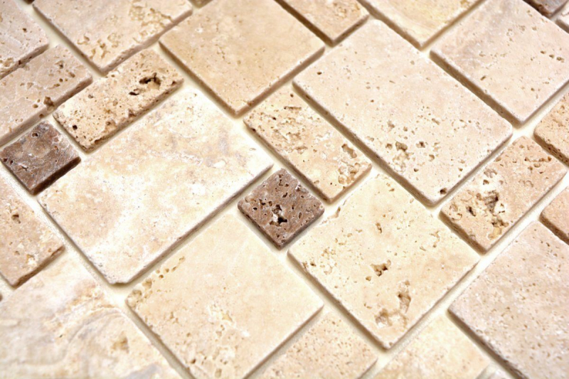 Campione a mano di mosaico Piastrella backsplash autoadesiva travertino pietra naturale beige combinazione travertino beige MOS200-4CM14_m
