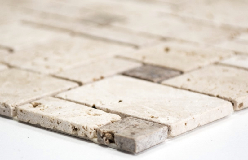 Campione a mano di mosaico Piastrella backsplash autoadesiva travertino pietra naturale beige combinazione travertino beige MOS200-4CM14_m