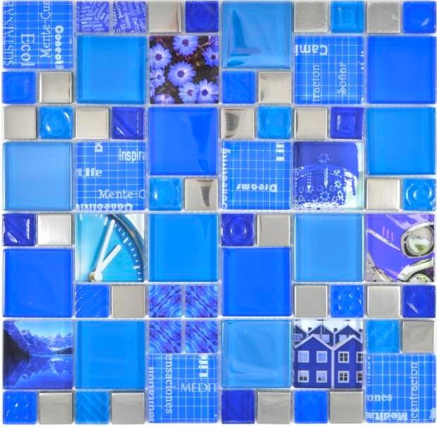 Mano modello trasparente cristallo mosaico vetro mosaico argento blu parete piastrelle backsplash cucina doccia bagno MOS88-0417_m