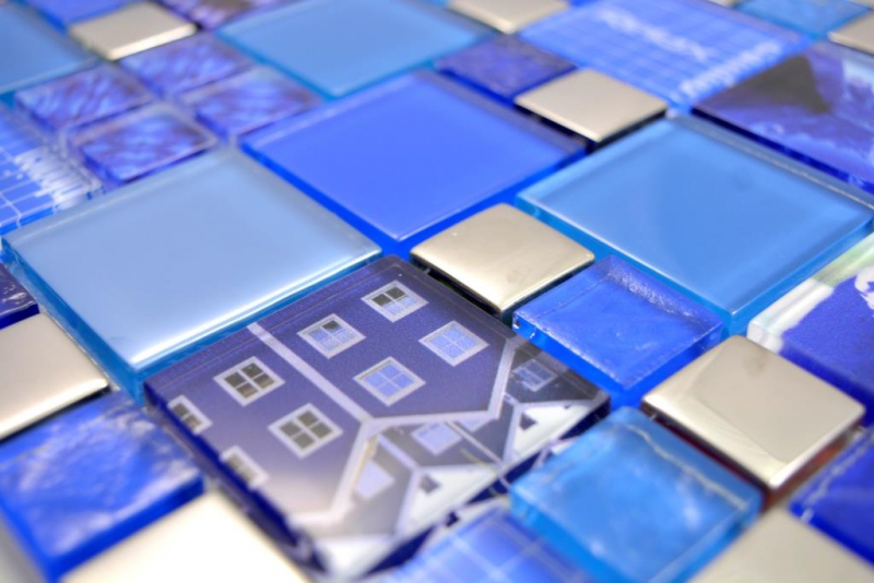 Mano modello trasparente cristallo mosaico vetro mosaico argento blu parete piastrelle backsplash cucina doccia bagno MOS88-0417_m