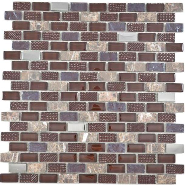 Mosaico di vetro traslucido composito pietra acciaio marrone muro piastrelle backsplash cucina bagno MOS87-0013_f
