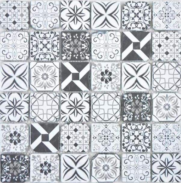 Mosaico di vetro piastrelle VINTAGE LOOK retrò antracite nero bianco muro piastrelle backsplash cucina bagno MOS63-0103