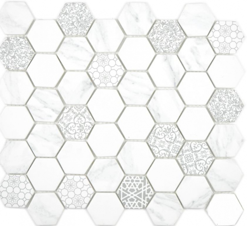Campione a mano Mosaico di vetro Esagono ECO Carrara look mosaico piastrelle parete backsplash cucina bagno MOS16-0222_m