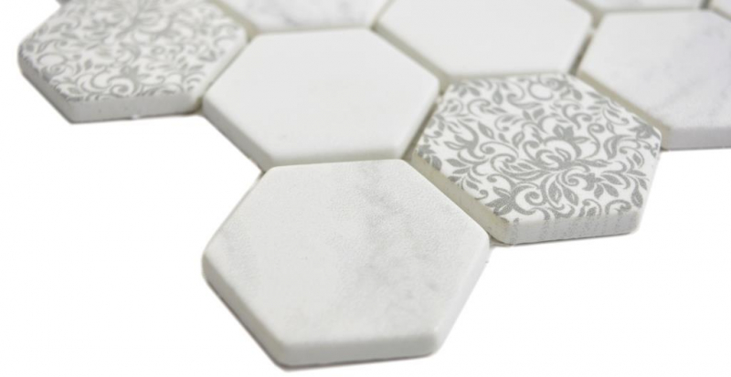 Campione a mano Mosaico di vetro Esagono ECO Carrara look mosaico piastrelle parete backsplash cucina bagno MOS16-0222_m