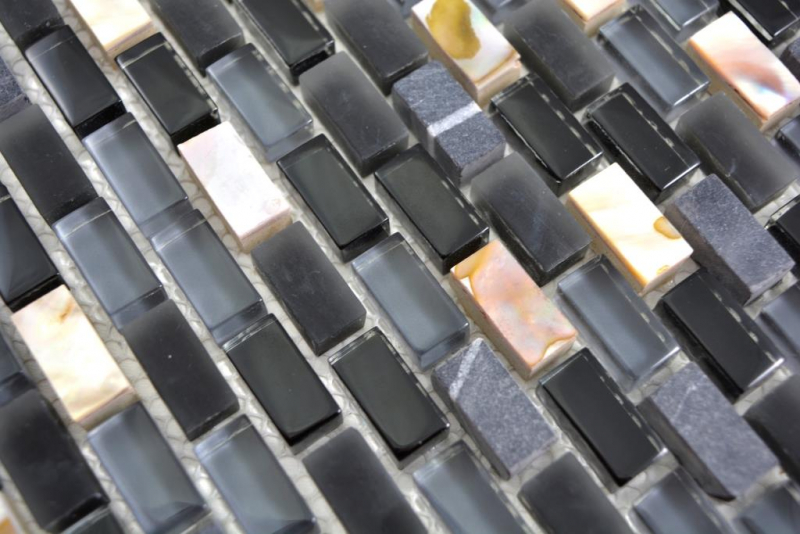 Mano modello traslucido vetro mosaico composito pietra conchiglia nero mosaico piastrelle parete backsplash cucina bagno MOS86-0003_m