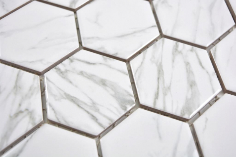 Piastrella di mosaico esagonale in ceramica aspetto Carrara bianco lucido piastrella di mosaico parete backsplash cucina bagno WC - MOS11H-0001