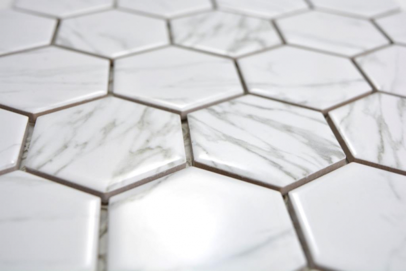 Piastrella di mosaico esagonale in ceramica aspetto Carrara bianco lucido piastrella di mosaico parete backsplash cucina bagno WC - MOS11H-0001