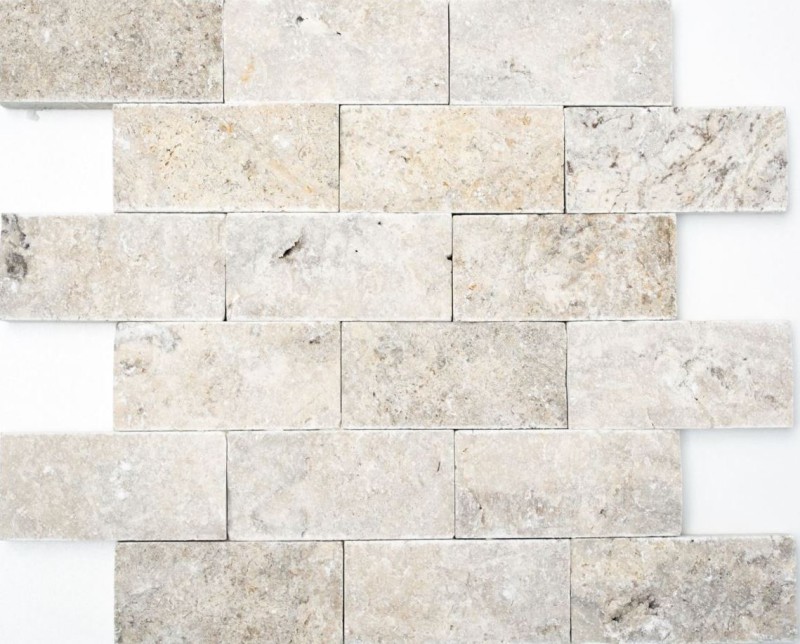 Piastrella a mosaico Travertino pietra naturale bianco grigio Brick Splitface argento Travertino 3D MOS29-42781_f