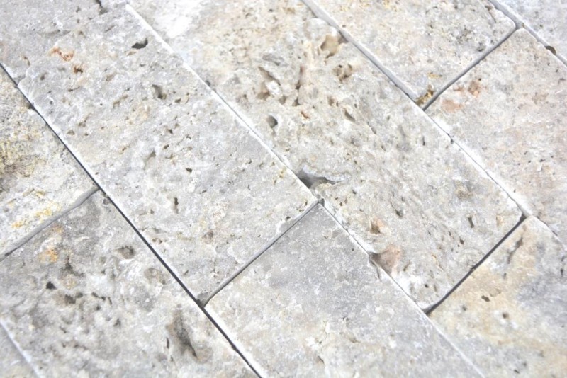 Travertino pietra muro pietre muro pietra naturale grigio chiaro mattone faccia a spacco argento 3D aspetto muro rivestimento cucina - MOS29-42781
