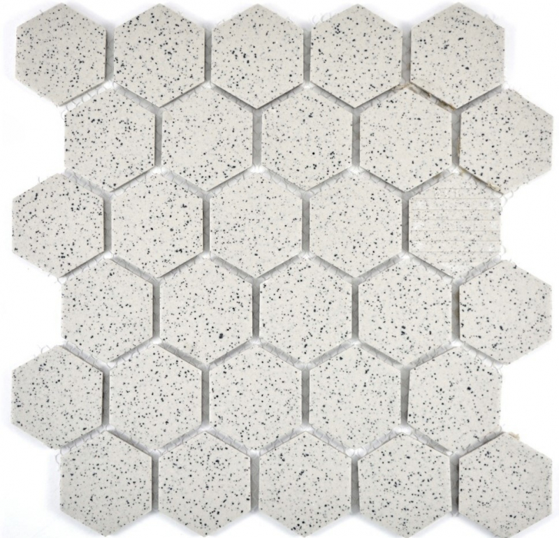 Piastrella di mosaico dipinta a mano in ceramica bianco crema esagono screziato non smaltato MOS11G-0103-R10_m