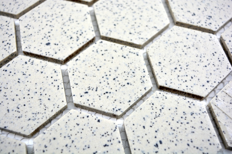 Piastrella di mosaico dipinta a mano in ceramica bianco crema esagono screziato non smaltato MOS11G-0103-R10_m