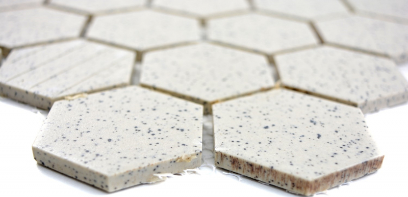Piastrella di mosaico dipinta a mano in ceramica bianco crema esagono screziato non smaltato MOS11G-0103-R10_m