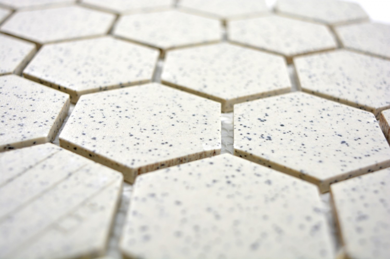 Piastrella di mosaico dipinta a mano in ceramica bianco crema esagono screziato non smaltato MOS11G-0103-R10_m