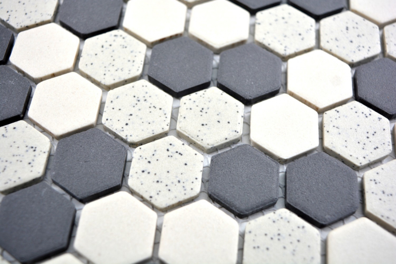 Piastrella di mosaico in ceramica beige nero Hexagaon non smaltata MOS11A-0113-R10_f