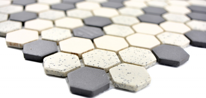 Piastrella di mosaico in ceramica beige nero Hexagaon non smaltata MOS11A-0113-R10_f
