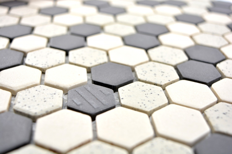 Piastrella di mosaico in ceramica beige nero Hexagaon non smaltata MOS11A-0113-R10_f