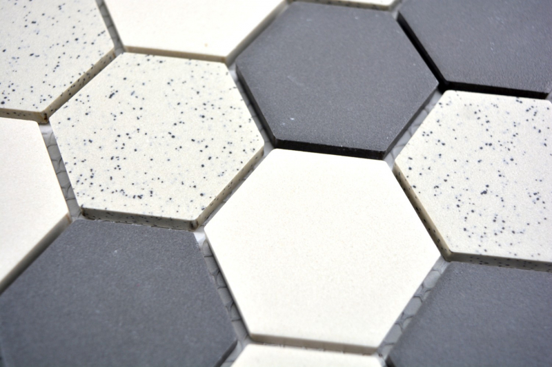 Piastrella di mosaico in ceramica beige nero Hexagaon non smaltata MOS11G-0113-R10_f
